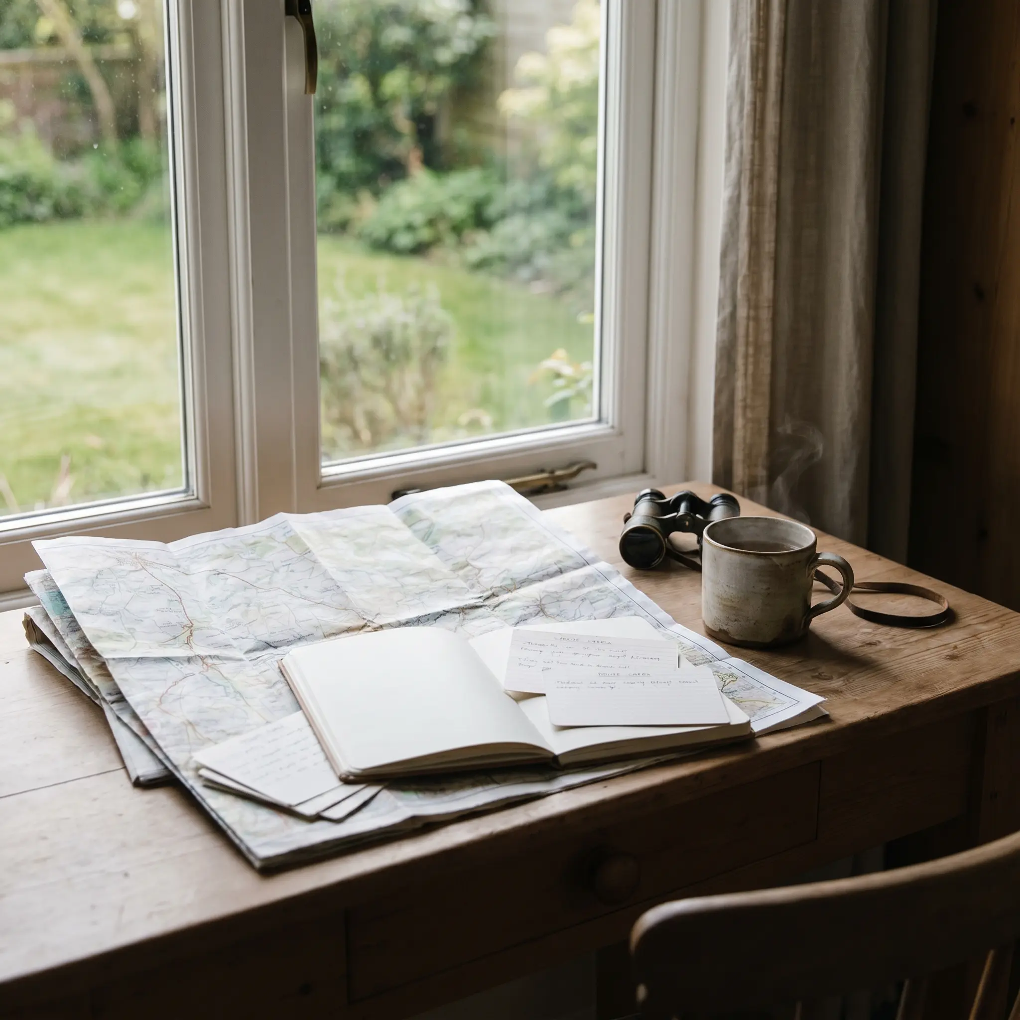 A quiet desk with maps, notebooks, route cards, and morning light