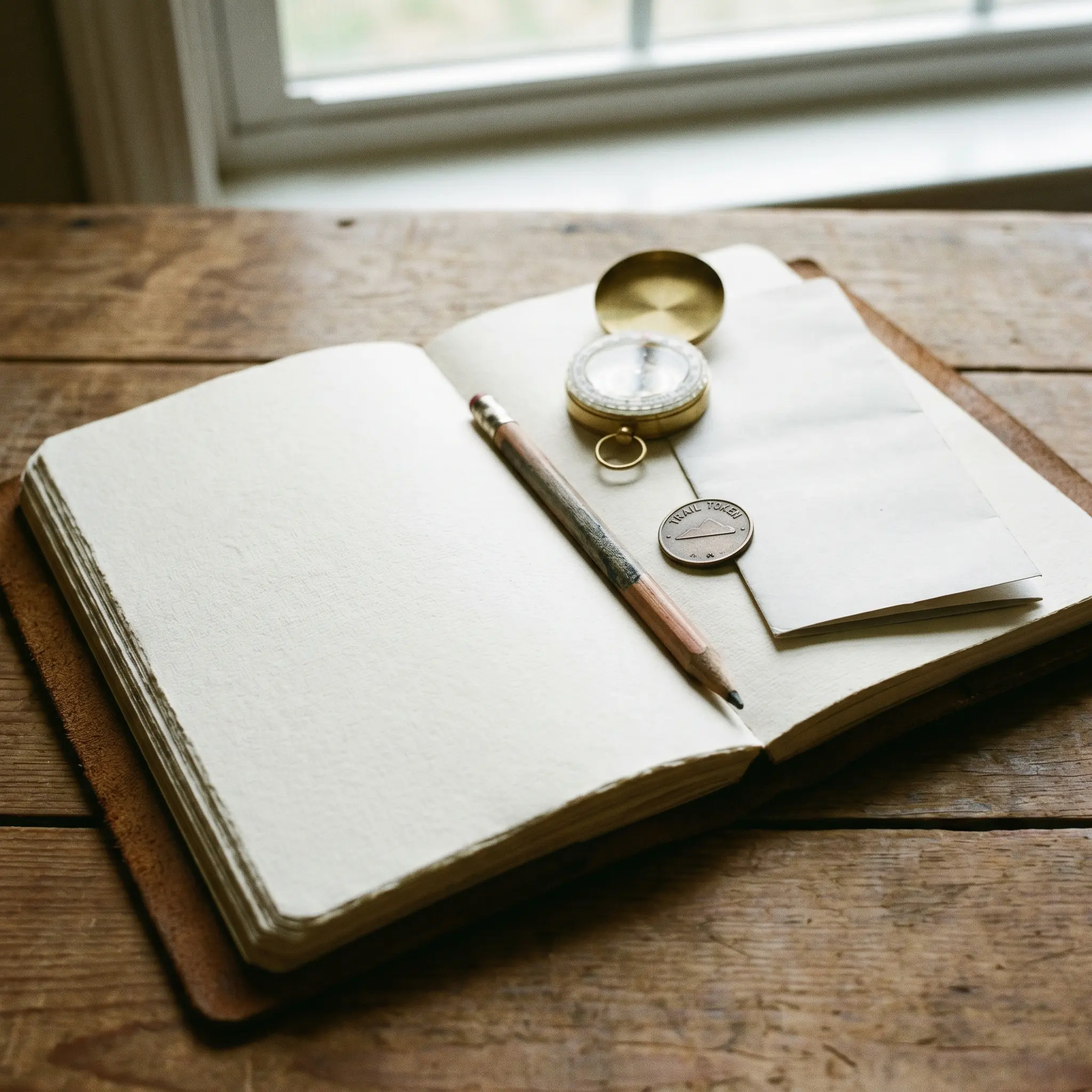 Across Quest field notebook, route card, and compass for article reference