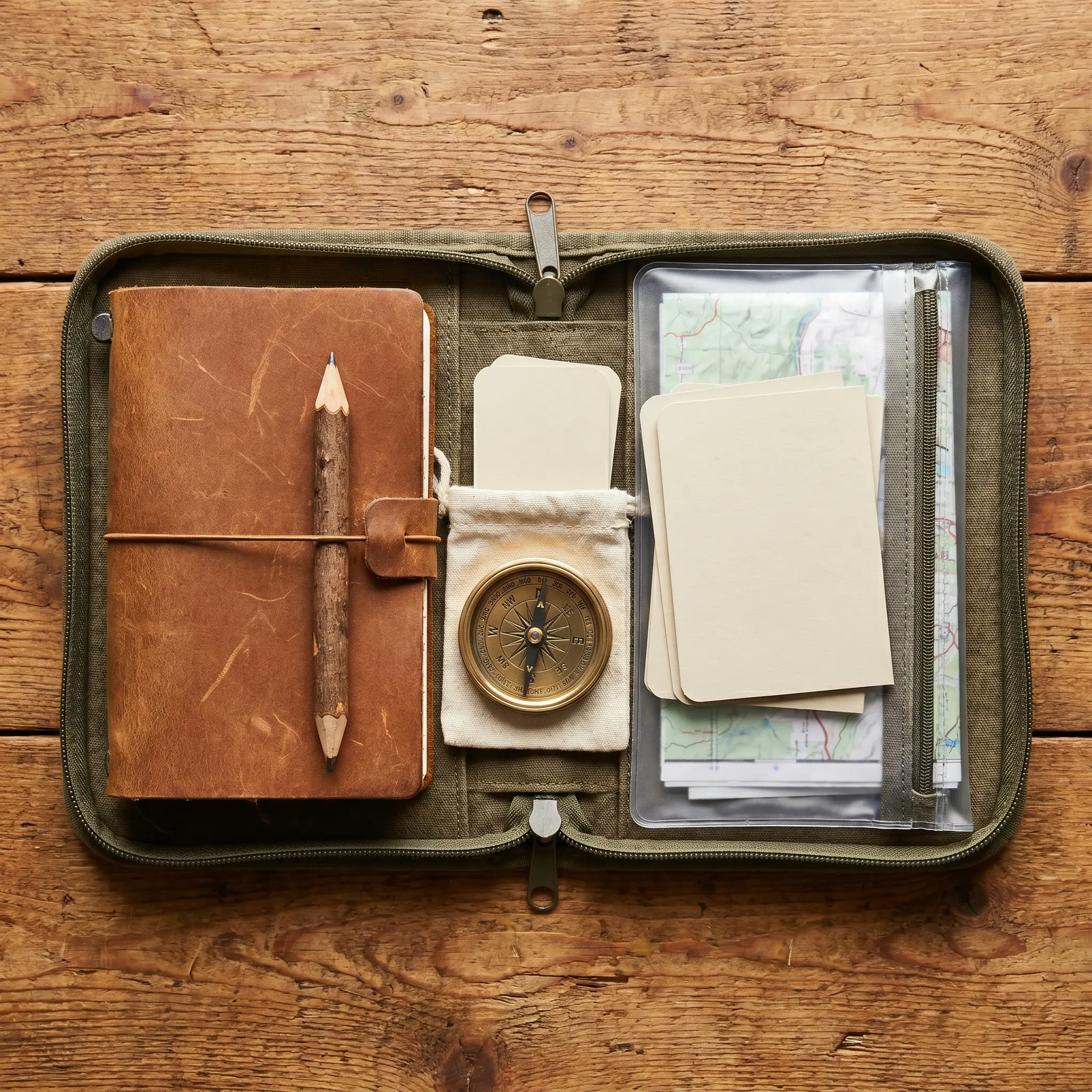 Compact field kit with notebook, pencil, compass, cloth pouch, and route cards