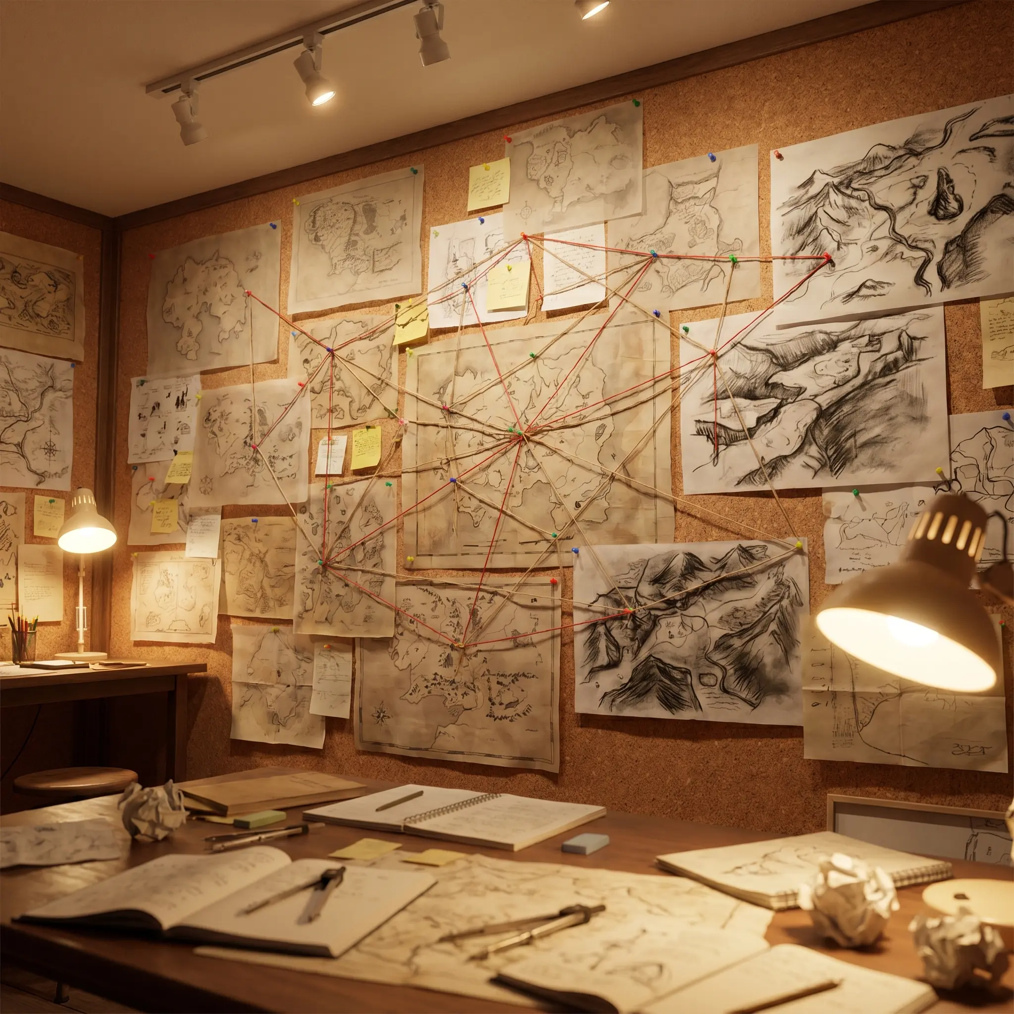 Annotated route wall with string, pins, and terrain sketches